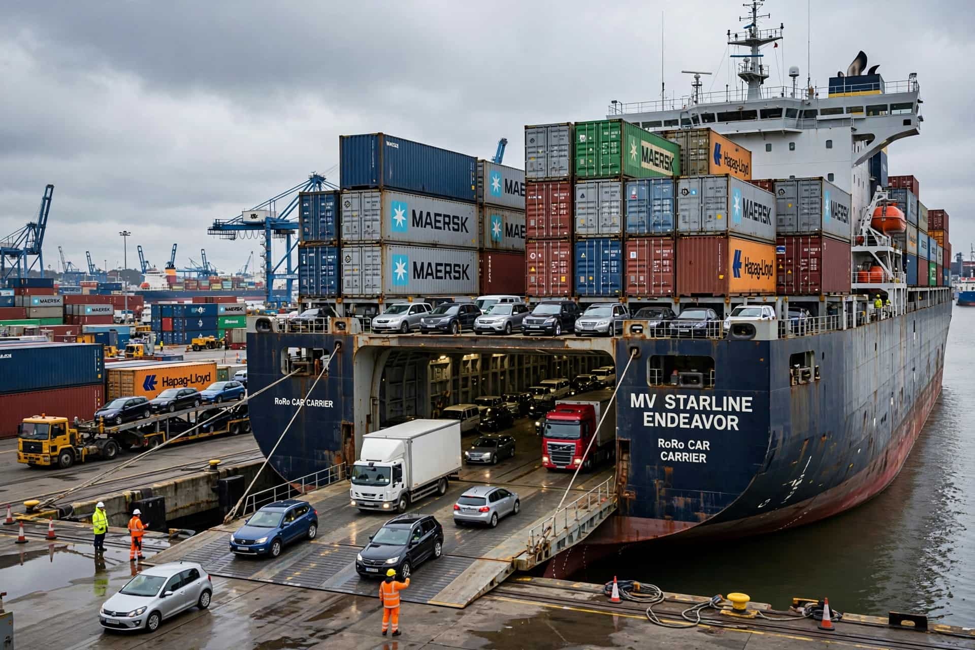 A white car drives onto a large RORO vehicle transport vessel via a ramp during cargo loading.